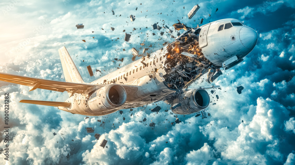 Naklejka premium Airplane exploding while flying in cloudy sky