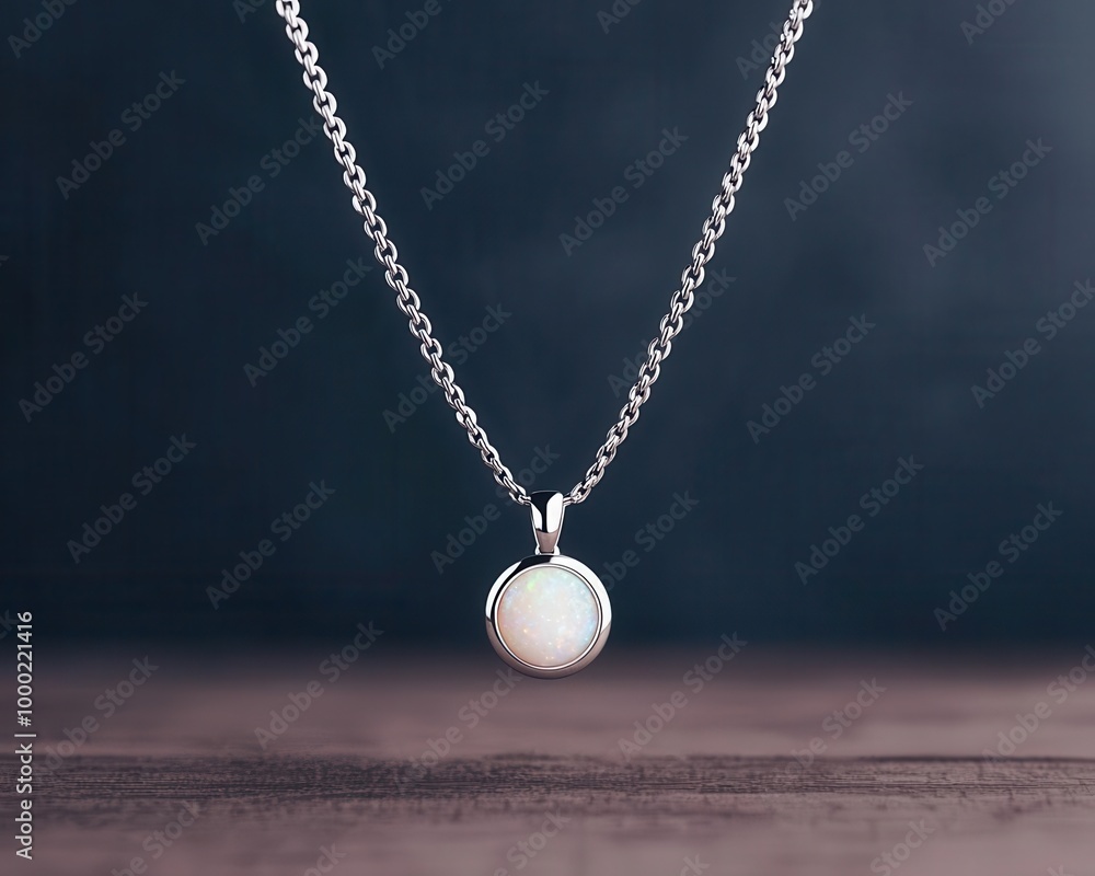 Minimalist silver necklace featuring a small opal gemstone, set in a circular pendant with clean lines, softly glowing under ambient light, Modern, 3D Render Minimalist silver necklace featuring a small opal gemstone, set in a circular pendant with clean lines, softly glowing under ambient light, Modern, 3D Render