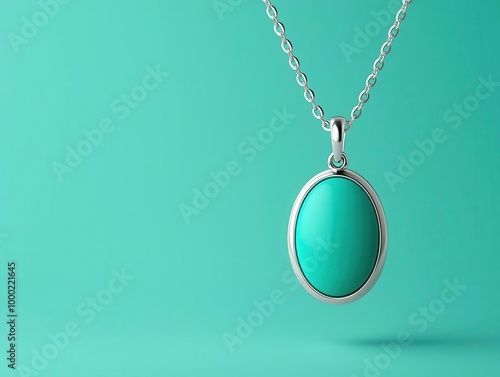 Minimalist silver necklace with a single oval turquoise gemstone, hanging from a delicate chain, softly glowing, Modern Minimalism, 3D Art