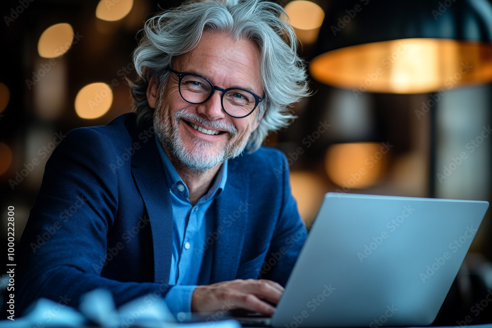Portrait of a smiling businessman working on a laptop in an office Portrait of a smiling businessman working on a laptop in an office