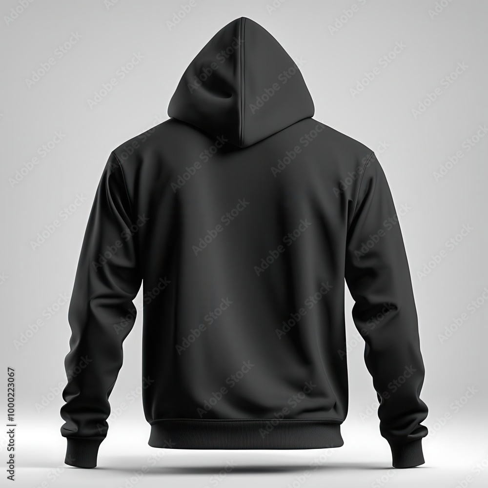 A back view of a plain black hoodie with a hood, suitable for casual wear. A back view of a plain black hoodie with a hood, suitable for casual wear.