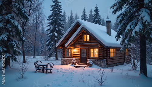 Cozy log cabin in a snowy forest at dusk with warm light and copy space 