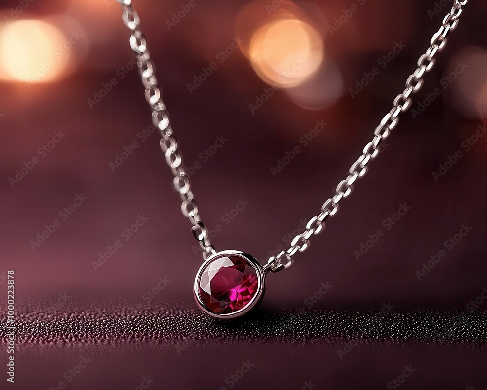 Delicate silver chain necklace featuring a tiny oval ruby gemstone, minimalist design, softly glowing under soft lighting, Elegant, Digital Art Delicate silver chain necklace featuring a tiny oval ruby gemstone, minimalist design, softly glowing under soft lighting, Elegant, Digital Art