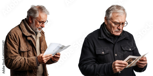 Two elderly men reading letters and photographs, showcasing emotion and reflection on memories and experiences.