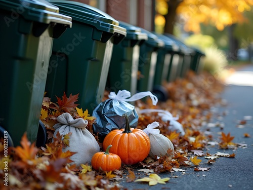 Pumpkins are lying next to the trash cans