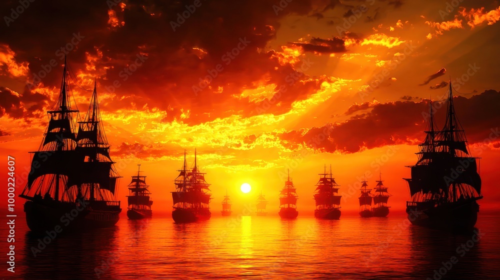 A majestic view of a naval fleet sailing together, silhouetted against a vibrant sunset. The colorful sky enhances the dramatic scene of maritime strength. A majestic view of a naval fleet sailing together, silhouetted against a vibrant sunset. The colorful sky enhances the dramatic scene of maritime strength.
