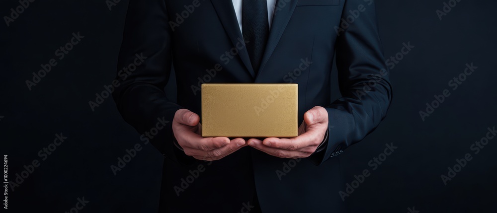 Businessman holding a golden gift box, black background, elegant presentation. Businessman holding a golden gift box, black background, elegant presentation.