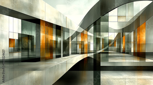 Abstract architectural design featuring curved reflections and metallic surfaces in a contemporary indoor space