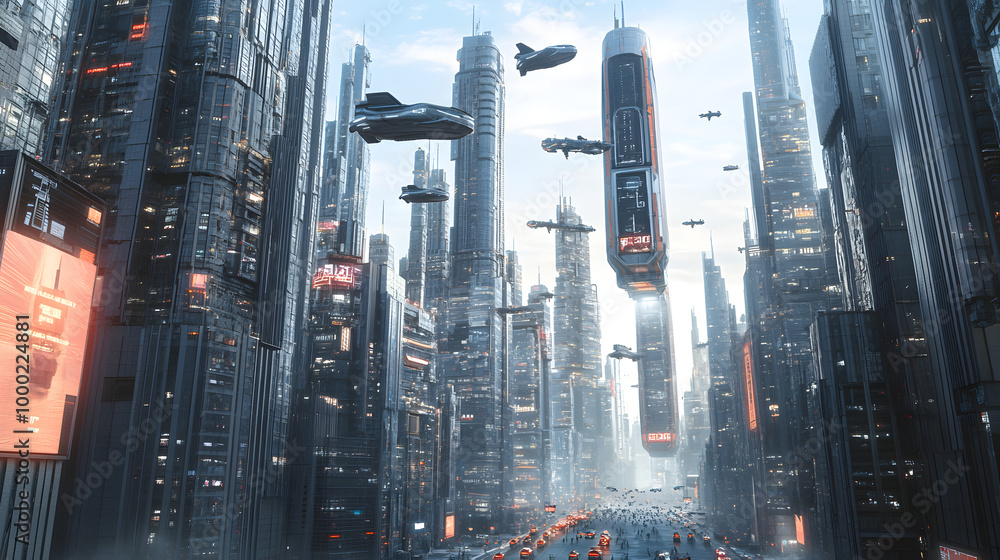 Futuristic City with Flying Cars and Robots Futuristic City with Flying Cars and Robots