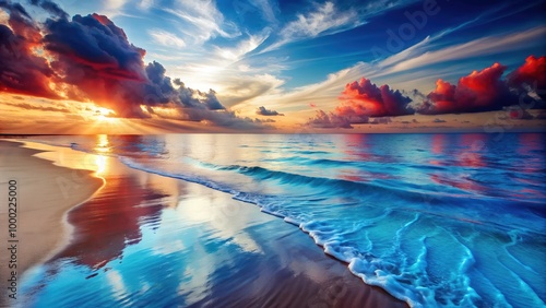 Beautiful Tropical Beach with Golden Sand and Crystal Clear Ocean Water, A Serene Coastal Paradise Perfect for Digital Graphic Design Projects and Backgrounds