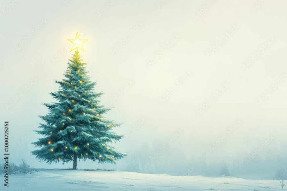 Vibrant Festive Tree with Star in Winter Landscape Vibrant Festive Tree with Star in Winter Landscape