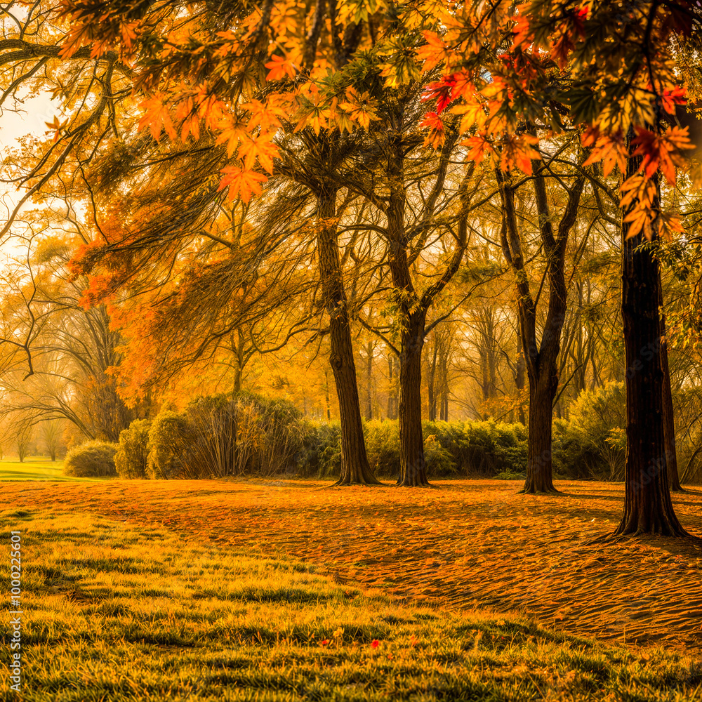 Fototapeta premium Foliage in the park. Autumn fall leaves of maple trees. Autumn fall leaves in sunlight. Natural autumn background. Autumnal background. Foliage, falling leaves background. Autumn leaf. Autumnal mood.