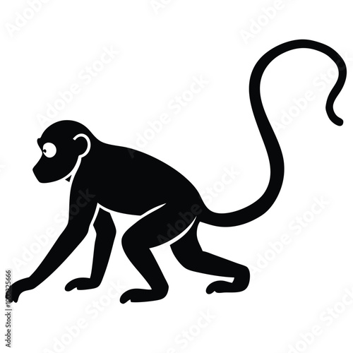 a monkey. The monkey is shown in a crouching position, silhouette vector illustrarion,