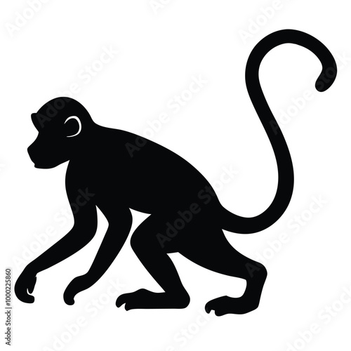 a monkey. The monkey is shown in a crouching position, silhouette vector illustrarion,