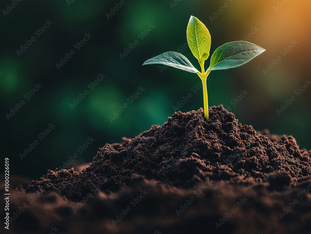 Young Green Sprout Emerging from Fertile Soil with Sunlight in the Background Young Green Sprout Emerging from Fertile Soil with Sunlight in the Background