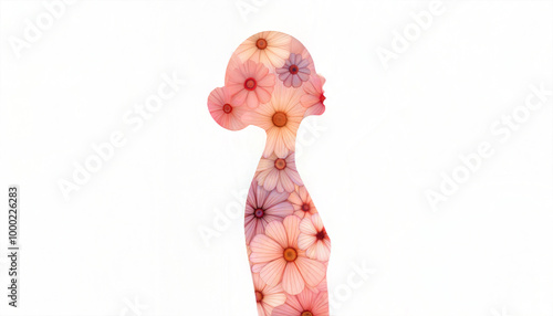 Artistic silhouette of a woman filled with colorful flowers on a white background