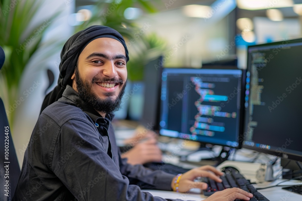 Cheerful Middle Eastern programmer man working with computers in office. , background blur Cheerful Middle Eastern programmer man working with computers in office. , background blur
