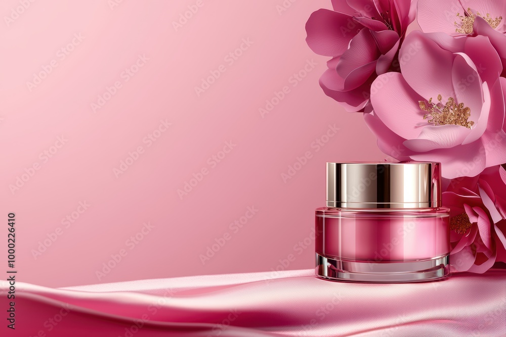 Elegantly packaged cream jar with blooming flowers on a soft pink background. Elegantly packaged cream jar with blooming flowers on a soft pink background.
