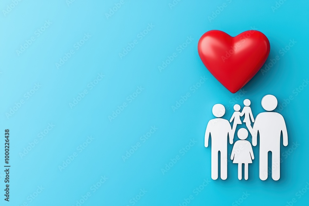 Family love represented with paper figures and a red heart on a blue background, symbolizing unity and connection. Family love represented with paper figures and a red heart on a blue background, symbolizing unity and connection.