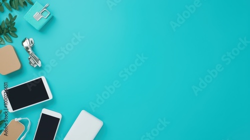 Flat lay of modern accessories, smartphone, and gadgets on turquoise backdrop.