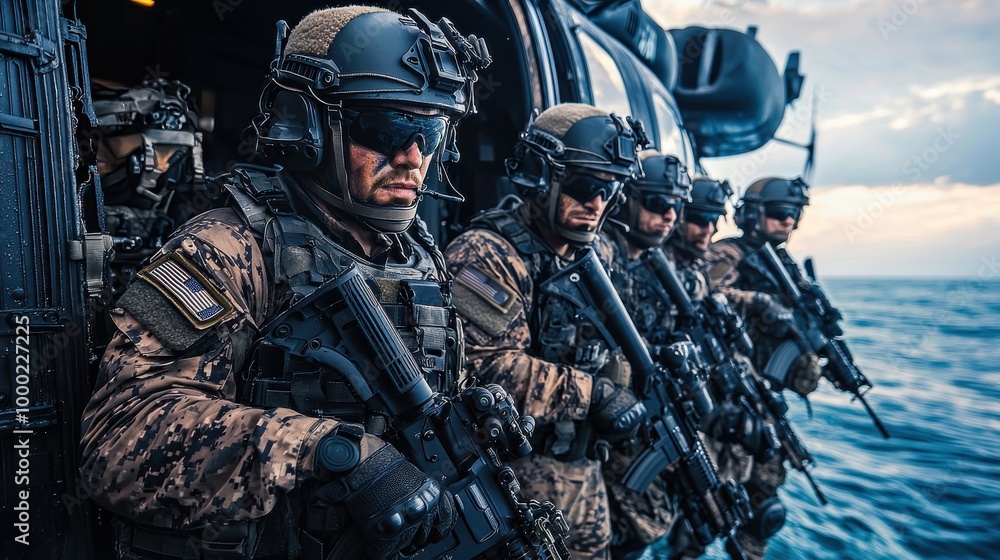 A group of Navy SEALs in full tactical gear, ready to deploy from a helicopter hovering over water. The scene captures the intensity and professionalism of elite military operations A group of Navy SEALs in full tactical gear, ready to deploy from a helicopter hovering over water. The scene captures the intensity and professionalism of elite military operations