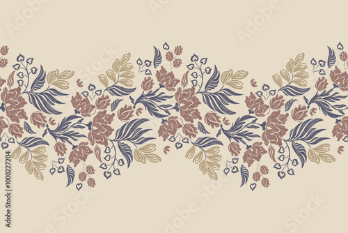 Floral pattern vintage ethnic modern tapestry embroidery Ikat texture boho design vector illustration hand drawn silhouette brown flower motif branches leaves wallpaper seamless background border.