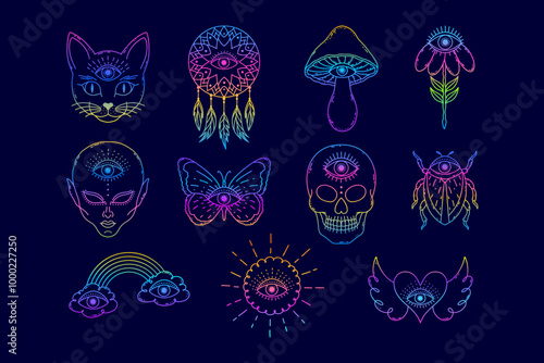 Сollection of hand drawn elements in doodle style  with  mystical all seeing eye. Gradient colors.