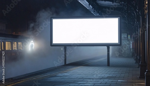 Hauntingly festive digital billboard at a railway platform showcasing creative advertising display mockup for Halloween. photo