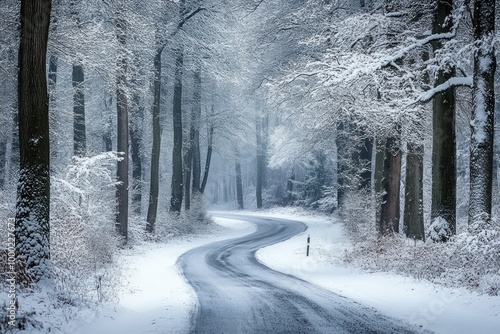 Serene Winter Road in Picturesque Forest Scene photo