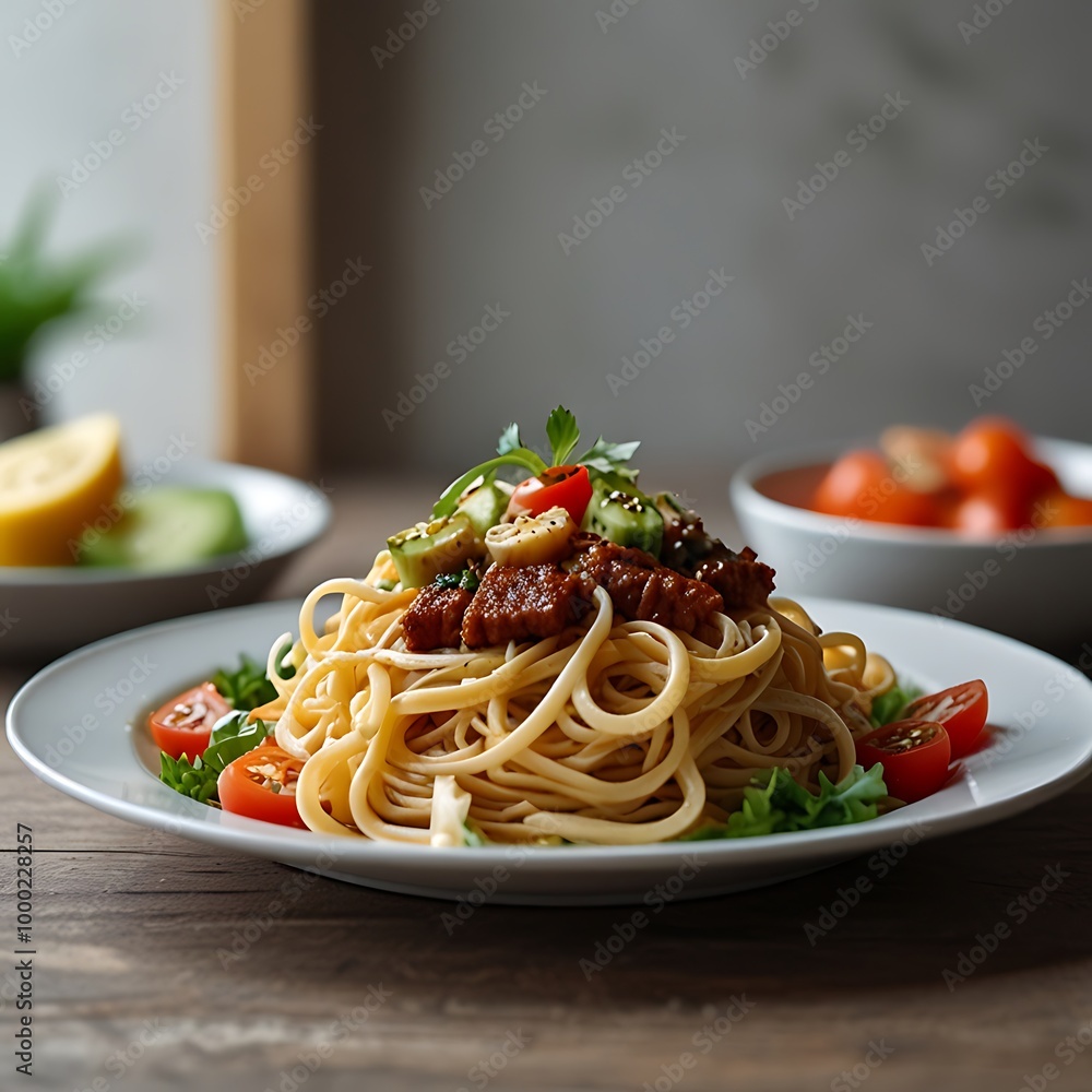 Delicious fresh fried Noodles with beef and vegetables assortment Served, Noodles with chicken and vegetables on a white background Delicious fresh fried Noodles with beef and vegetables assortment Served, Noodles with chicken and vegetables on a white background