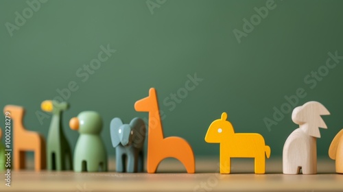 A row of vibrant wooden animal figurines neatly arranged against a green background. The playful animal designs are crafted in minimalistic shapes, perfect for children or nursery decor. photo