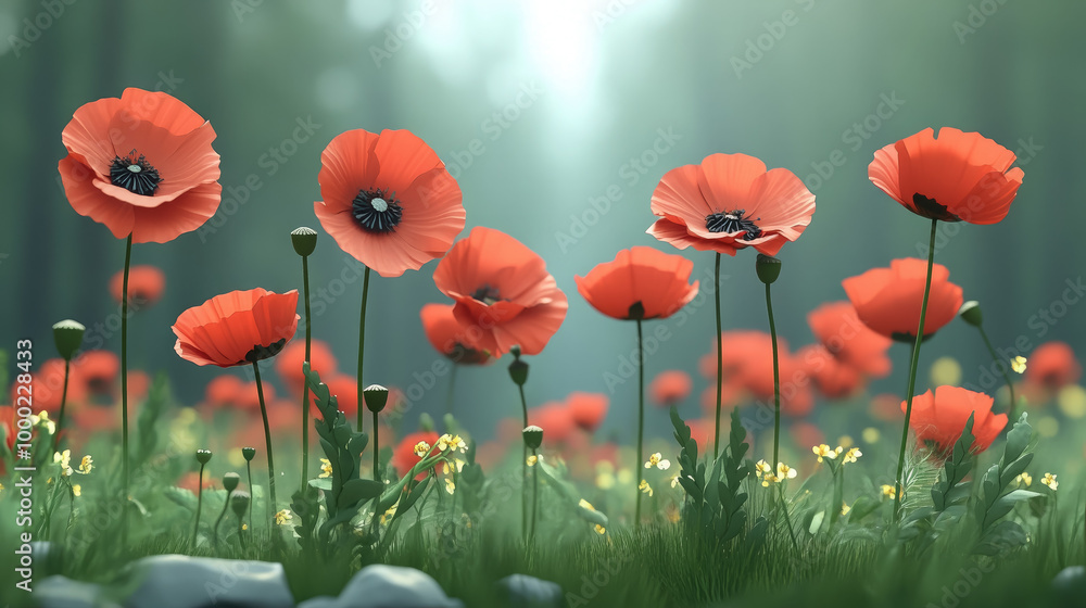 Fototapeta premium drawn red poppies on green grass background, remembrance day, poppy day, november 11, symbol of memory of world war 1, floral illustration in flat style