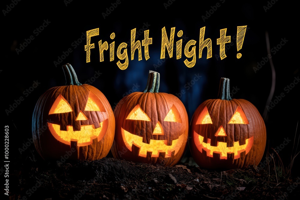 Three carved pumpkins with glowing faces on dark background, Halloween theme, festive and spooky atmosphere. Three carved pumpkins with glowing faces on dark background, Halloween theme, festive and spooky atmosphere.
