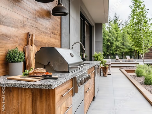 Spacious outdoor kitchen with granite countertops, built-in grill, and modern wood cabinetry, modern outdoor design, functional space