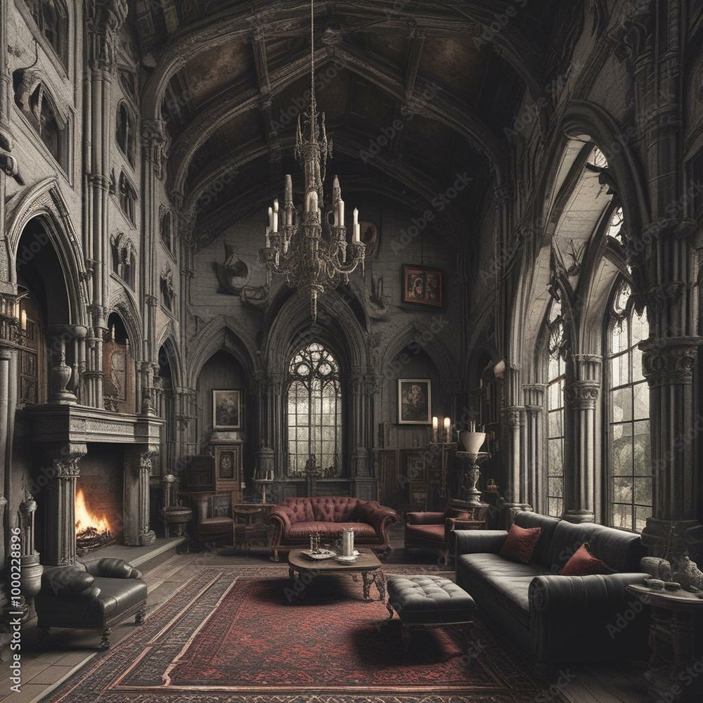 Grand Interior of a Gothic Vampire Castle Living Room