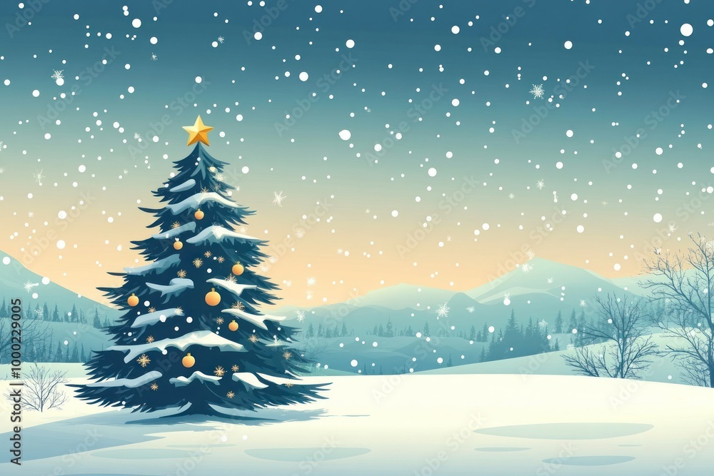 Serene Winter Landscape with Snowy Christmas Tree Serene Winter Landscape with Snowy Christmas Tree