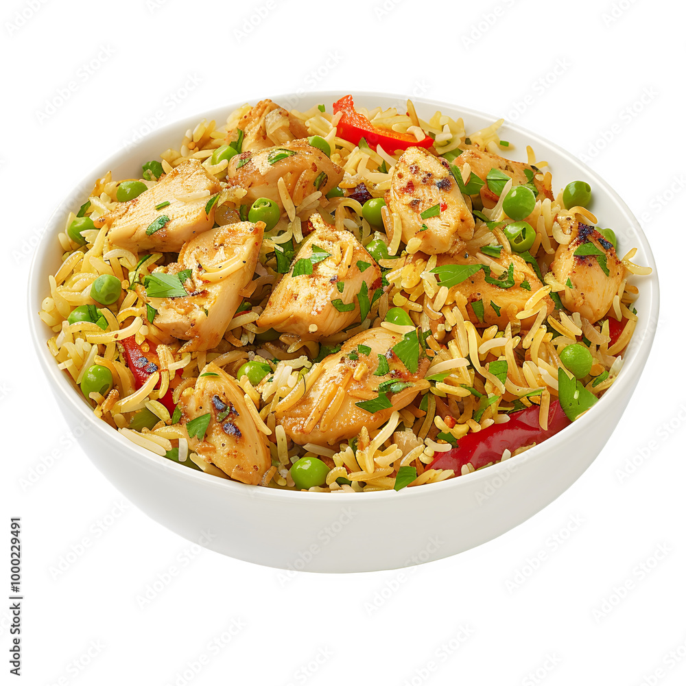 Grilled chicken chunks paired with vibrant vegetable stir-fried rice in a clean white bowl, set against a clear background. Ideal for food and cooking themes Grilled chicken chunks paired with vibrant vegetable stir-fried rice in a clean white bowl, set against a clear background. Ideal for food and cooking themes