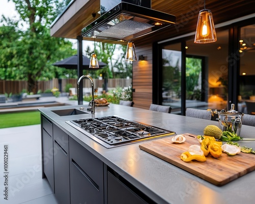 Outdoor kitchen with polished concrete countertops, dark wood cabinets, and modern lighting for ambiance, luxury design, modern outdoor space