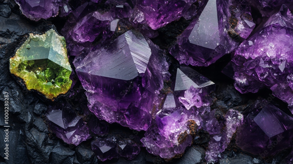 A mound of black rocks holds several clusters of purple and green crystals, plus a solitary green broccoli piece nearby A mound of black rocks holds several clusters of purple and green crystals, plus a solitary green broccoli piece nearby