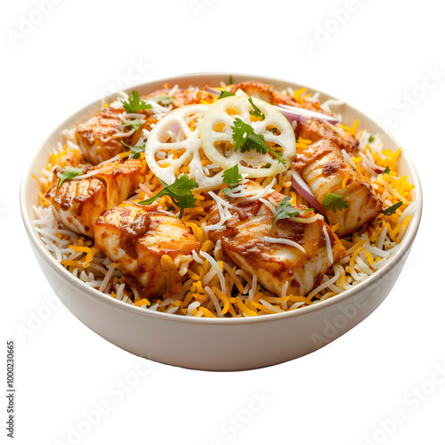 Delicious bowl of biryani with paneer tikka on top, sprinkled with fresh herbs and onions, making a mouthwatering and colorful meal