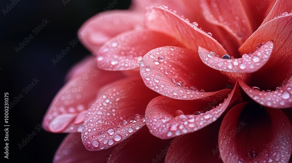 A tight shot of a pink bloom, adorned with dew drops on its petals against a dark background A tight shot of a pink bloom, adorned with dew drops on its petals against a dark background