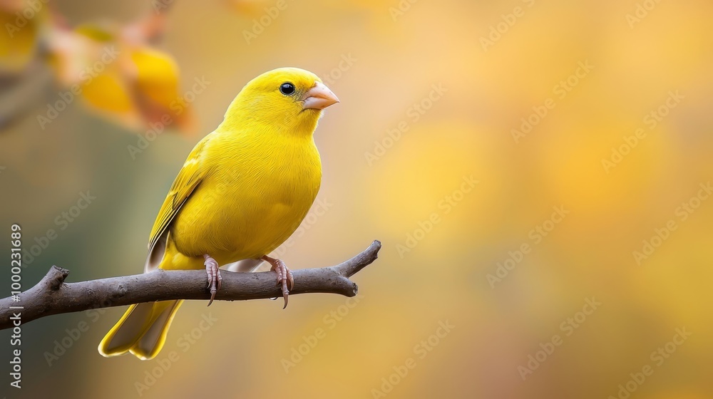 A yellow bird sits on a branch against a hazy backdrop of tree branches bearing yellow leaves A yellow bird sits on a branch against a hazy backdrop of tree branches bearing yellow leaves