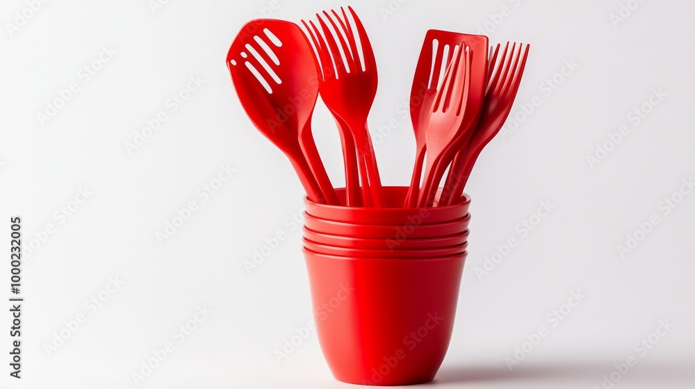 set of red utensils for cooking, stacked one on top of the other, on a white background, isolate set of red utensils for cooking, stacked one on top of the other, on a white background, isolate