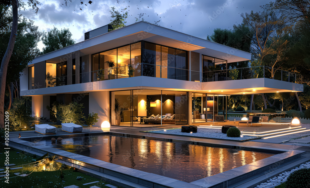 Fototapeta premium Large house with a large open living room and a balcony. The house is lit up at night, giving it a warm and inviting atmosphere