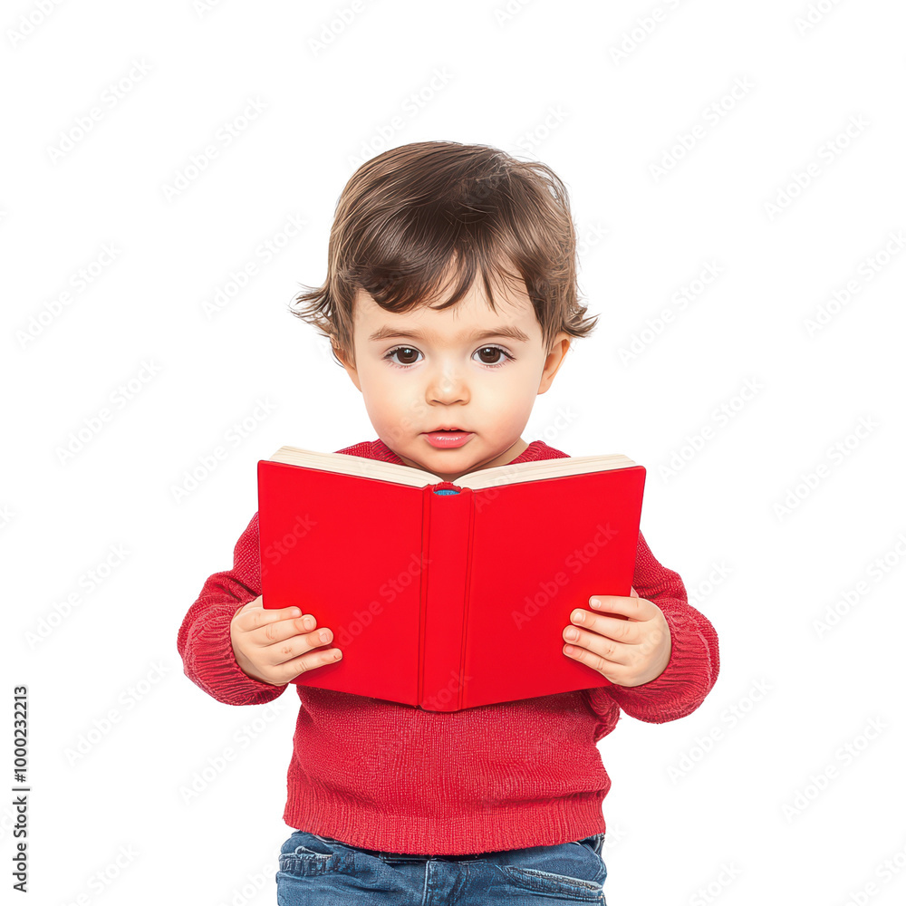 Child holding a red book, inquisitive expression, isolated on transparent background. Child holding a red book, inquisitive expression, isolated on transparent background.