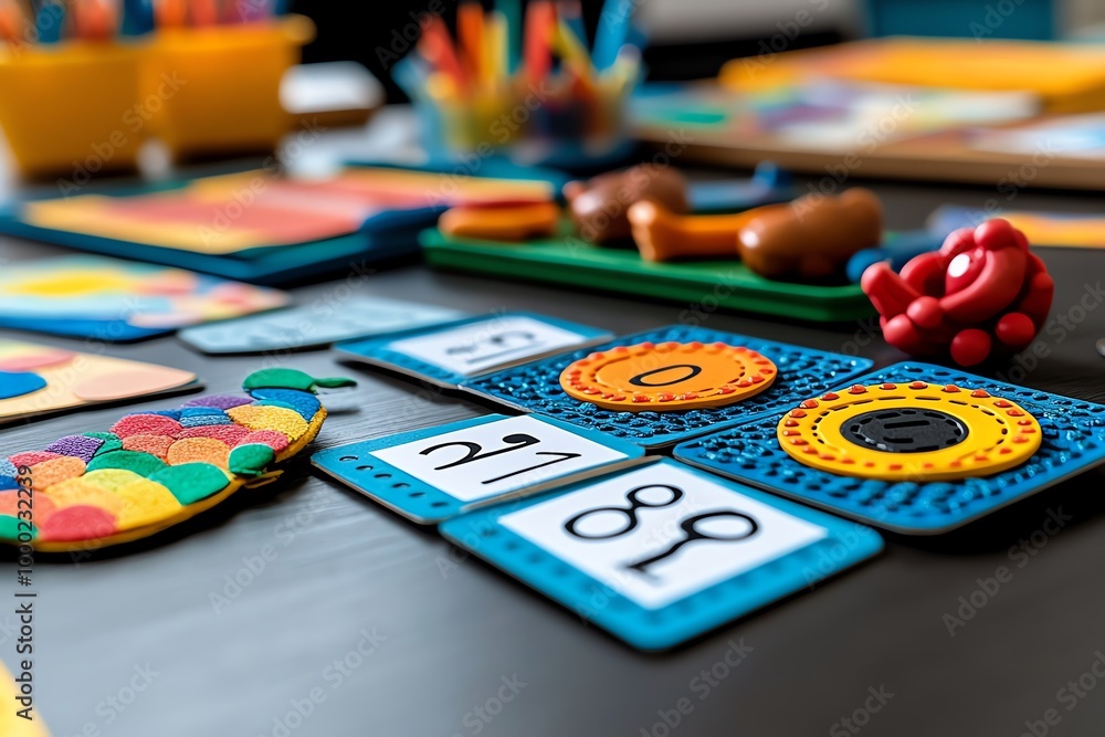Fototapeta premium Printed flashcards with letters and numbers, arranged in a colorful, educational display on a classroom table, helping children learn basic skills