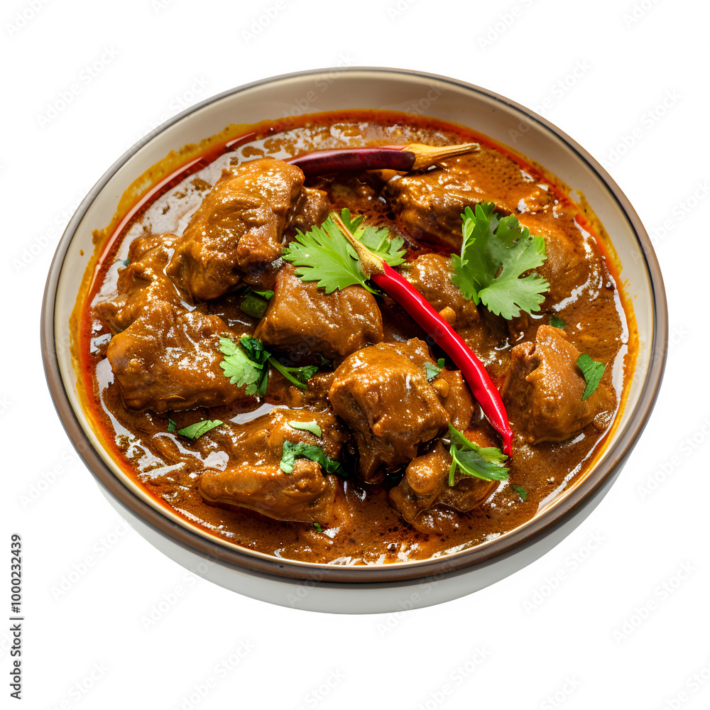 Tasty dish of flavorful indian lamb curry topped with fresh cilantro and whole red chilies, displaying a mix of bold colors and textures