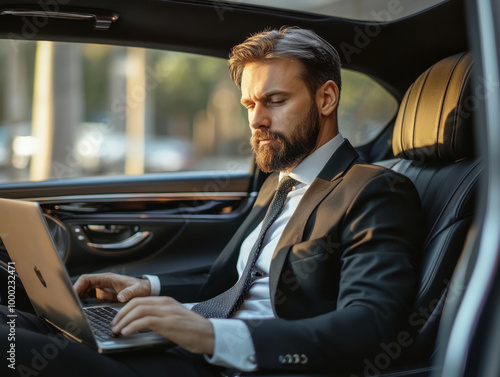 A stylish man in formal attire enjoying a night ride in a luxurious car while on a phone call in a bustling city