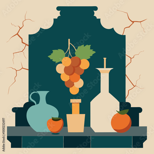 Fruits on old cracked wall fresco painting vector illustration