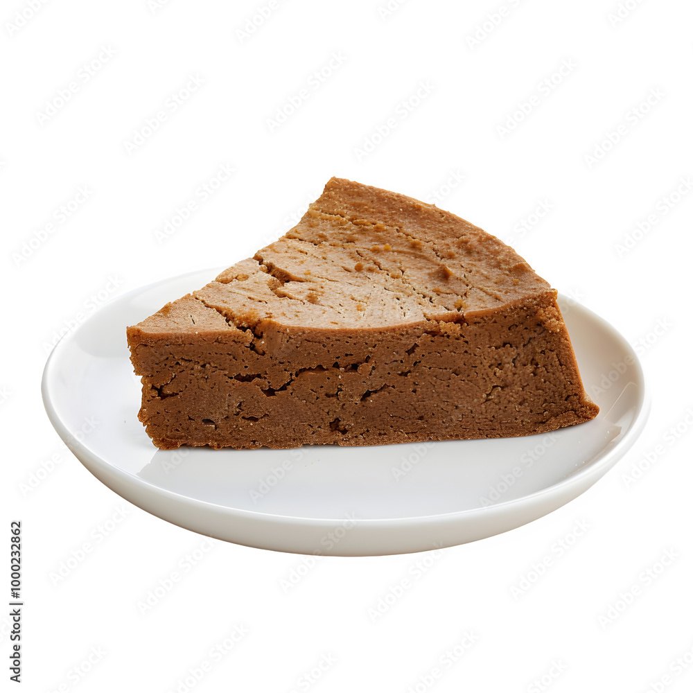 Zoomed-in view of a fluffy slice of brown cake on a white plate, set against a clear background. Ideal for food and sweet treat concepts Zoomed-in view of a fluffy slice of brown cake on a white plate, set against a clear background. Ideal for food and sweet treat concepts